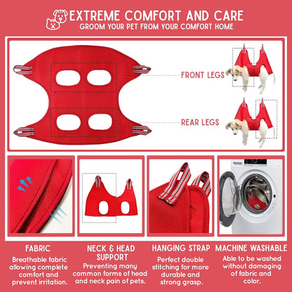 10 in 1 Cat & Dog Grooming Hammock Harness with Nail Clippers & File, Comb, & Hanging Pet Grooming Hammock| Cat & Dog Sling Restraint Bag Holder for Nail Trimming/Clipping & Bathing- Small